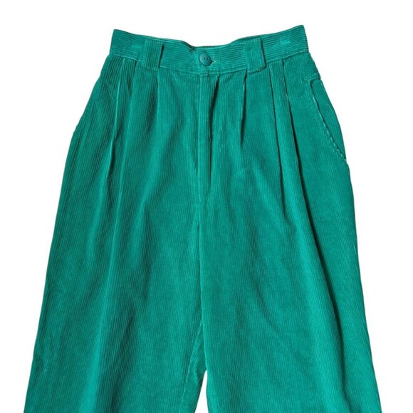80s vintage highwaisted corduroy pants bright green pleated tapered relaxed. - Picture 2 of 5